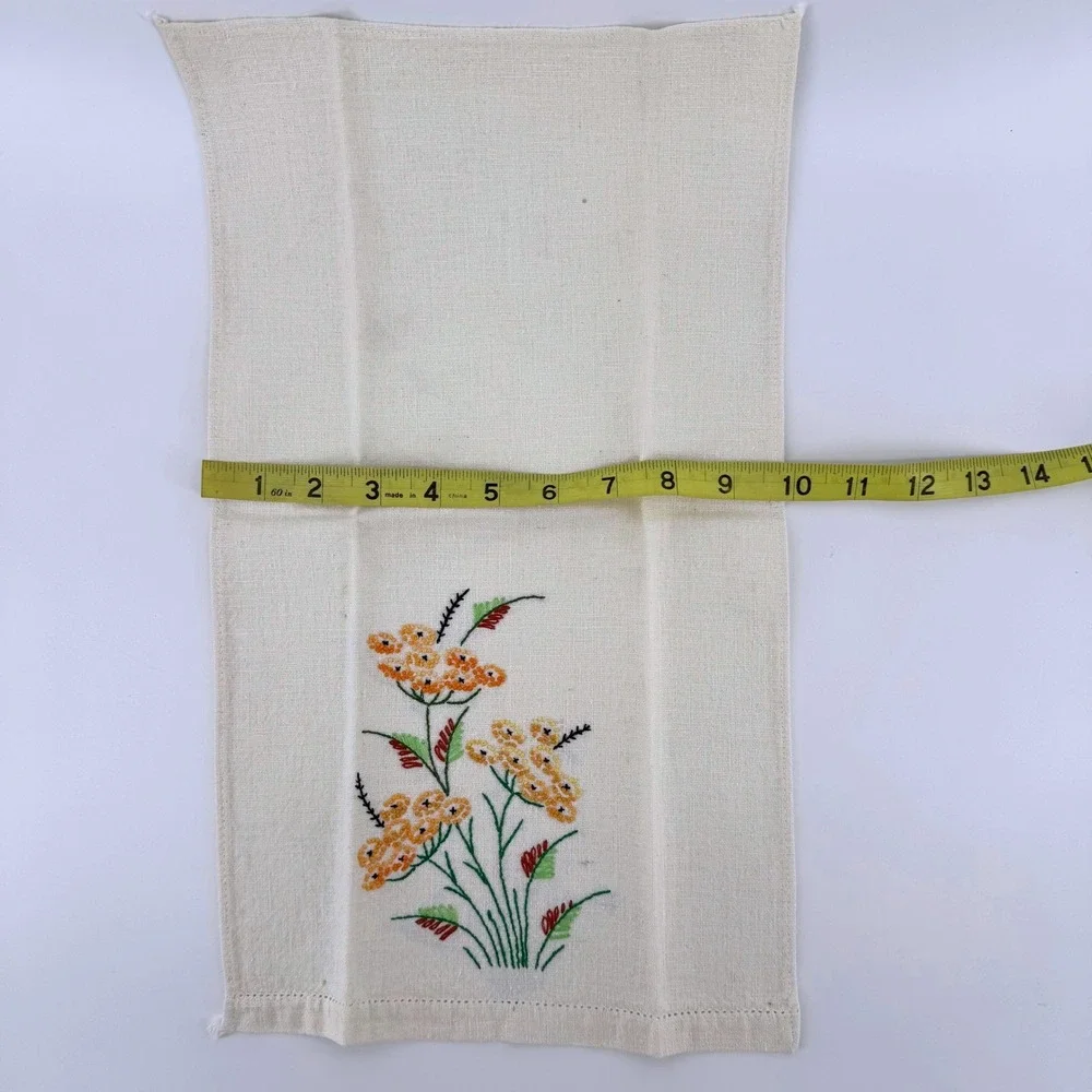 Hand Embroidered 3 Linen Tea Towels Cream Flamingo Butterfly Floral Needlepoint